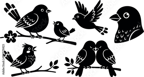 Silhouette vector bird set with perched flying and kissing birds on branches close up profile and playful flat design minimal