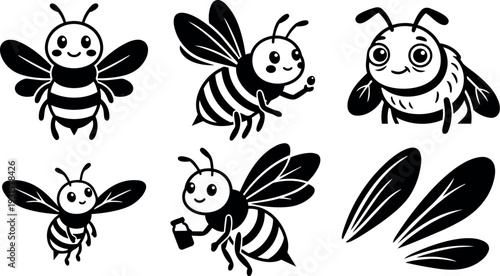 Flat vector bee character set showing smiling bees flying collecting nectar holding honey jar close up wing elements in silhouette