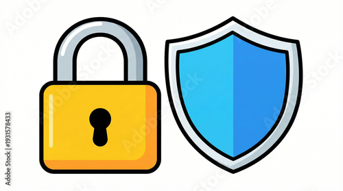 Cartoon illustration of a padlock and shield on white background