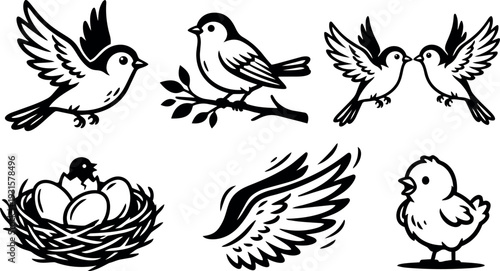 Tattoo flash vector birds set with flying sparrow perched on branch kissing pair nest with eggs wing icon and chick illustration