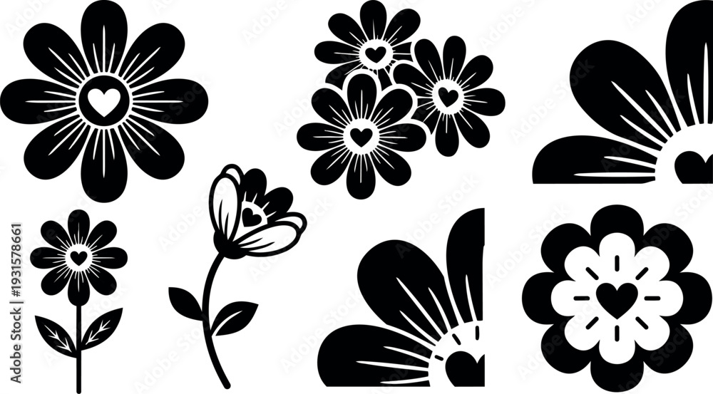Fototapeta premium Flat design black floral icons with heart centers cluster of stylized daisies single stem bloom corner motifs vector art silhouette