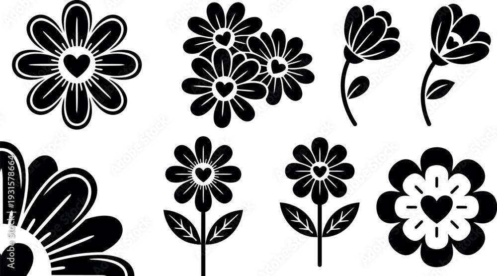 Obraz premium Flat design floral icon set with heart centers close up simple daisy silhouettes various angles single color vector artwork collection