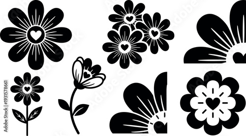 Flat design black floral icons with heart centers cluster of stylized daisies single stem bloom corner motifs vector art silhouette