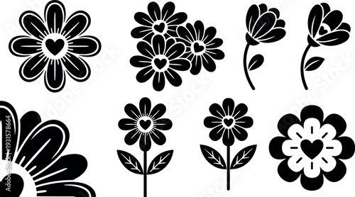 Flat design floral icon set with heart centers close up simple daisy silhouettes various angles single color vector artwork collection