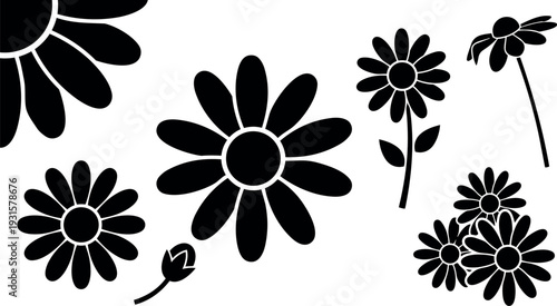 Flat design black daisy silhouettes close up assortment of flower shapes stems leaves buds cluster isolated vector artwork minimal decorative
