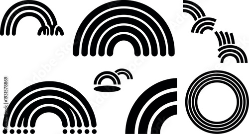 Flat design black rainbow icon set six variations arranged on white background close up minimal vector composition isolated editable scalable