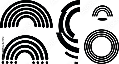 Flat design geometric rainbow and ring icon set bold black arcs isolated on white background closeup minimal scalable vector