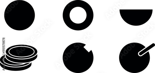 Minimalist flat design circle icon set including solid circle donut semicircle coins cookie and lollipop silhouettes black vector