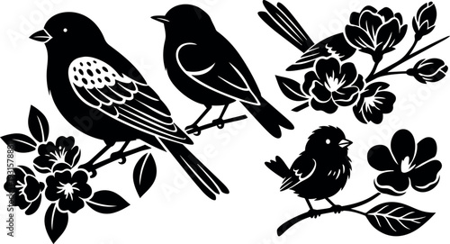 Silhouette vector close up three birds perched on flowering branches decorative botanical composition for labels and stationery high contrast artwork