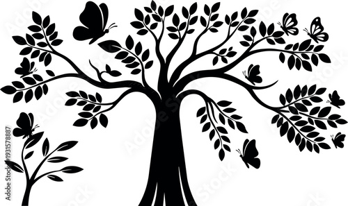 Silhouette vector tree with sweeping branches and butterflies flying around trunk close up decorative nature design black flat ornamental isolated