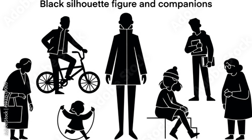 Silhouette vector group of seven figures in various poses including cyclist child jumping rope seated woman looking away low angle