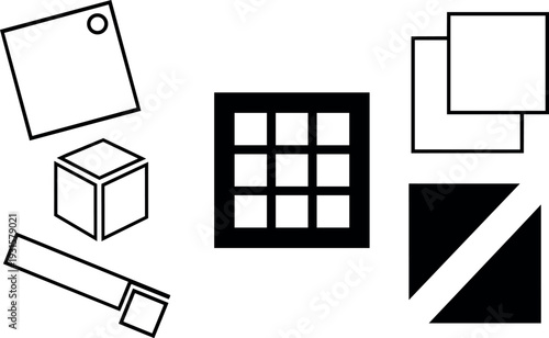 Minimal flat vector geometric icons set with cube grid nine squares diagonal stripe stacked panels rotated square and magnifier outline