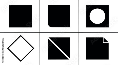 Flat design grid of six black square icon variations showing rounded corner cutout circle diamond diagonal fold paper corner minimal