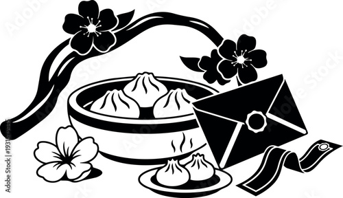 Line art close up bamboo steamer with steaming xiao long bao dumplings plate envelope and cherry blossom branch minimalist side