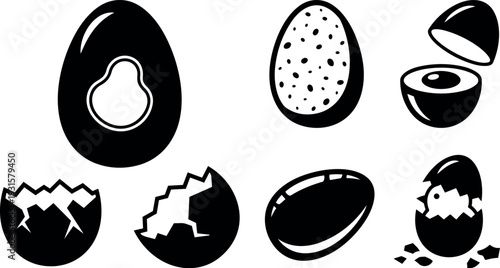 Flat design close up cracked and whole egg icons set with hatchling and halved egg simple black silhouette high contrast