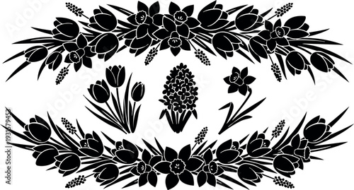 Flat silhouette floral border vector with tulips daffodils and hyacinth arranged in decorative horizontal wreaths close up black spring ornamental