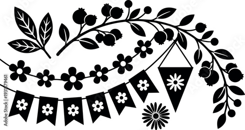 Flat design floral garland and pennant banner silhouette with berries daisies leaves hanging close up decorative vector black ornamental horizontal