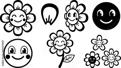 Line art smiling flower faces icon set in playful vector sticker style black and white close up flat outline collection