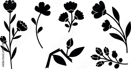 Flat silhouette vector close up floral stems with buds leaves and branches arranged minimal black botanical elegant composition facing right