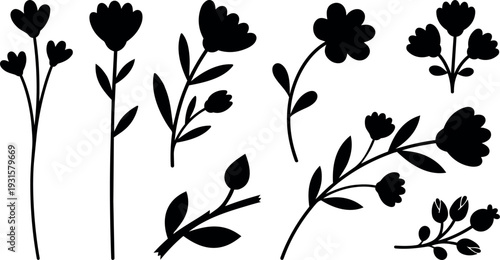 Flat design floral silhouette set with wildflower stems leaves buds isolated black vector elements for craft print web branding decor