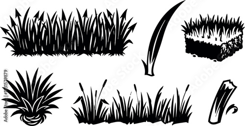 Silhouette vector grass set showing varied clumps blades turf slice single blade and marsh reeds isolated black shapes decorative elements