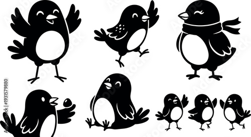 Flat design playful bird character set with scarf holding egg multiple joyful poses close up and three small chirping friends