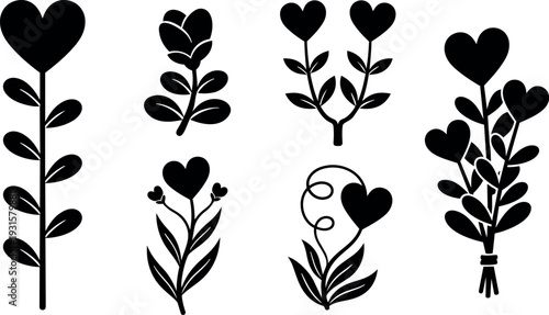 Flat design valentines day heart shaped floral icons set six silhouette stems bouquet vertical close up romantic vector art collection