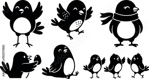 Flat vector cartoon bird icon set showing multiple poses expressions and actions including scarf egg holding waving sitting cheerful silhouettes