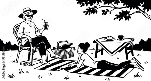 Minimalist vector picnic scene grandmother sitting with drink granddaughter lying on striped blanket table with coffee pastry under tree sunny