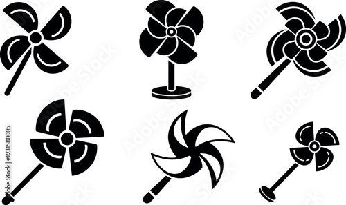 Flat vector pinwheel icon set six different fan blades handheld and stand angles black silhouette simple graphic design minimalist collection