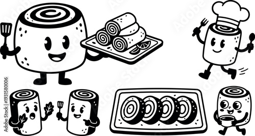 Line art playful cinnamon roll characters serving tray chef roll running with fork and spoon smiling close up holding spatula
