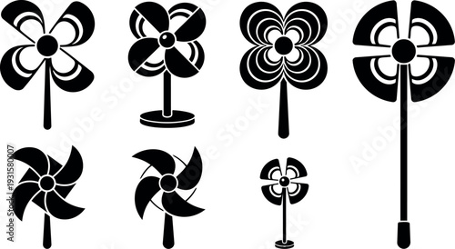 Flat design set of eight pinwheel vector icons black silhouette blade styles top view and side view collection minimal variants