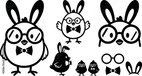 Flat design close up bespectacled chick with bunny ears wearing bow tie mascot icon set black and white vector stickers