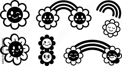 Flat line art kawaii flower faces and rainbow connectors arranged in playful vector sticker sheet close up smiling black outline