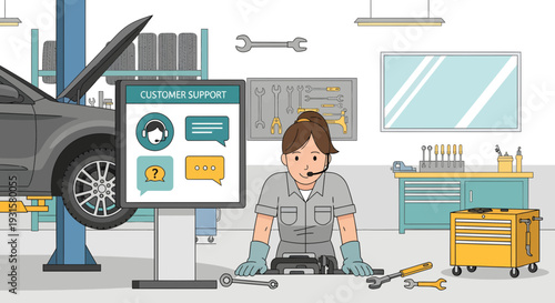 Female mechanic with headset and tools in auto repair shop.