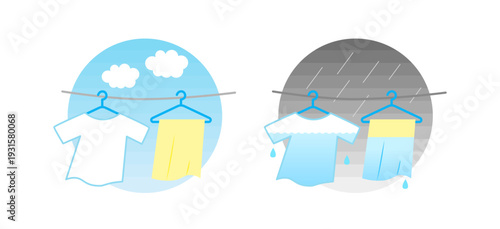 Illustration of laundry and wet laundry hanging outside