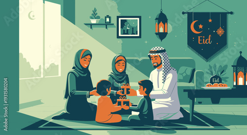 A Muslim family celebrating Eid together.