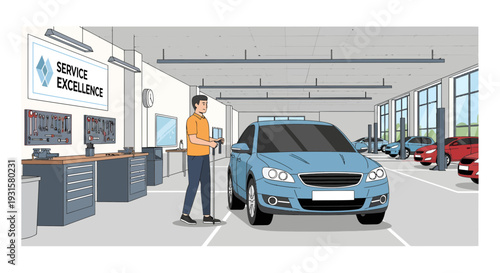 Man standing next to a blue car in a service center.