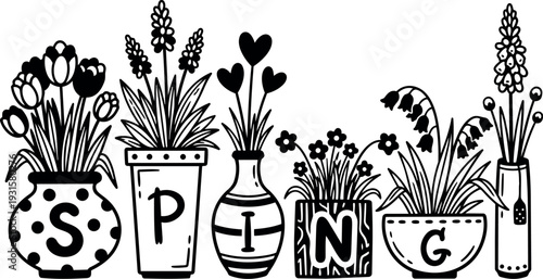 Line art spring planter arrangement with pots spelling spring assorted flowers tulips lavender hearts close up black and white decorative