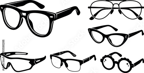Flat vector glasses set with six retro and modern frames including wayfarer aviator cat eye sport and round novelty styles
