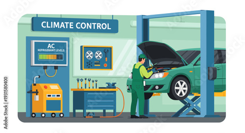 Mechanic Inspecting Car Climate Control System on Lift.