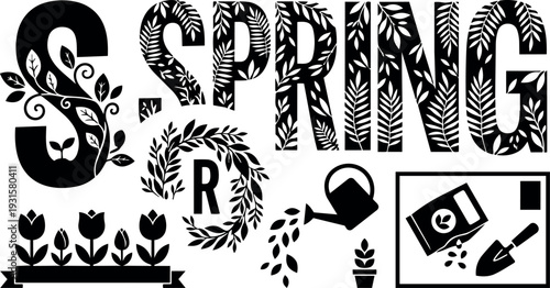 Flat design botanical spring word with leafy letters wreath watering can tulips seeds and gardening tools in silhouette black vector