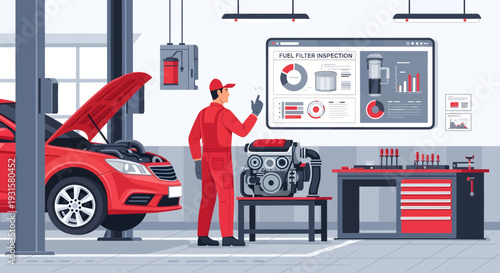 Mechanic Inspecting Car Engine in Modern Workshop.