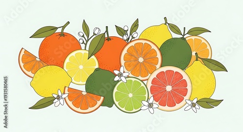 Assorted Citrus Fruits with Leaves Illustration.