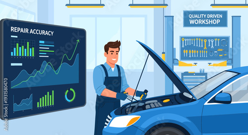 Mechanic inspecting car engine with data analysis screen.
