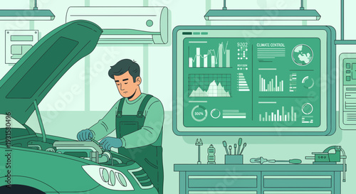 Mechanic Inspecting Car Engine with Digital Dashboard Display.