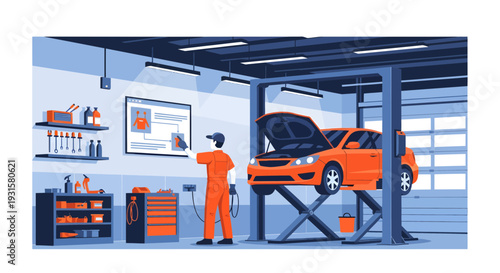 Mechanic Inspecting Car on Lift in Garage.