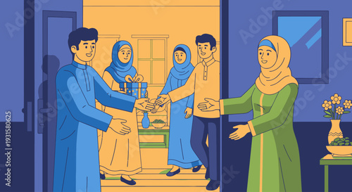 people in traditional clothing greeting each other.