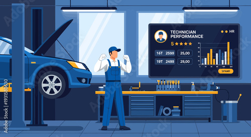 Mechanic Inspecting Car Performance Data on Screen.