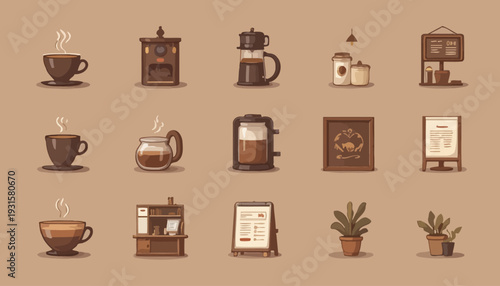 set of vintage coffee cups and coffee beans